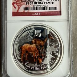 2014P 1oz  NGC PF69 ULTRA CAMEO AUSTRALIA YEAR OF THE HORSE COLORIZED SILVER COIN 