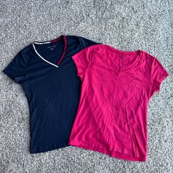2 Pcs Tommy Hilfiger Women’s Short Sleeve T Shirt V-Neck Sz L Hot Pink Navy Blue