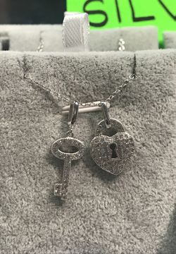 Sterling Silver Key with Heart Shape Lock Pendant with adjustable 16-18” Chain
