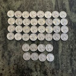 1939,1935,1942 WASHINGTON QUARTER FULL ROLL $10 FACE VALUE 40 COINS 90% Silver