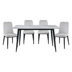 Brand new white faux marble dining table (35.5 x 59 x 30H) + 4 gray or biege velvet chairs