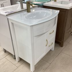 30” Bathroom Vanity Cabinet New White With Tempered Glass Top Sink Integrated Softclose Drawer Door Ready For Pick Up Today