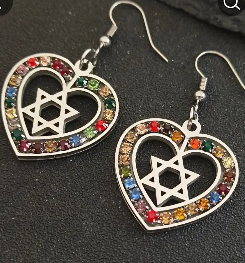 Heart Star of David Drop Earrings with Multi-Color RHINESTONES STAINLESS SILVER