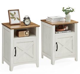 Farmhouse Nightstand, Barn Door, Set of 2, Bedside Table with Storage, Side End Table, Night Stand, Open Compartment, for Bedroom, Rustic White and Ho