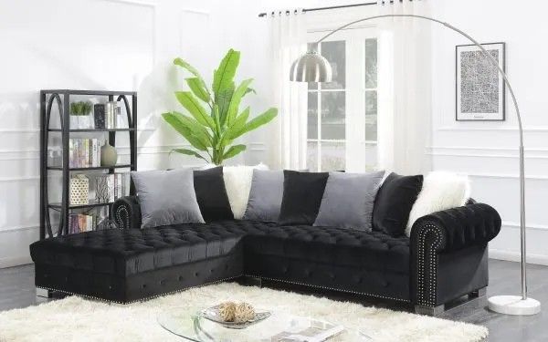 Brand New Special Black Velvet Sectional With Accent Pillows