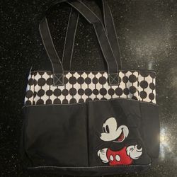 Large Disney Baby Mickey Mouse Shoulder Diaper Bag Zippered w/ Outer Pockets Black White Tote