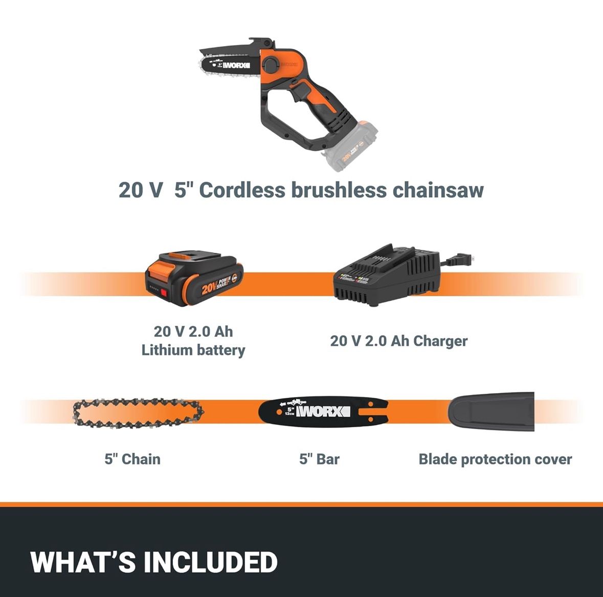 Worx 20V 5" Mini Cordless Chainsaw, 3.9 lbs, 22 ft/s Chain Speed, Power Share Battery, Upper & Hand Guard WG324 - Battery