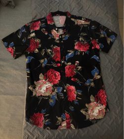 Stylish black floral button-up shirt red and blue print