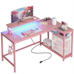 Bestier 52-inch gaming desktop with integrated power outlet and USB ports, L-shaped computer desktop with LED strip and headphone hooks