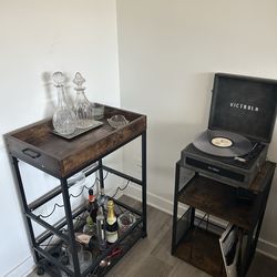 Matching Rustic Bar Cart + Record Player Stand / Vinyl Storage Table Set