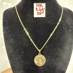 14K Solid Gold Chain and Pendant 7.6Gr 24 Inches Long 