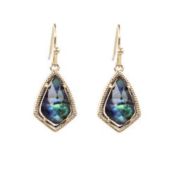 14k gold plated Blue Green Abalone Faceted Teardrop Dangle earrings