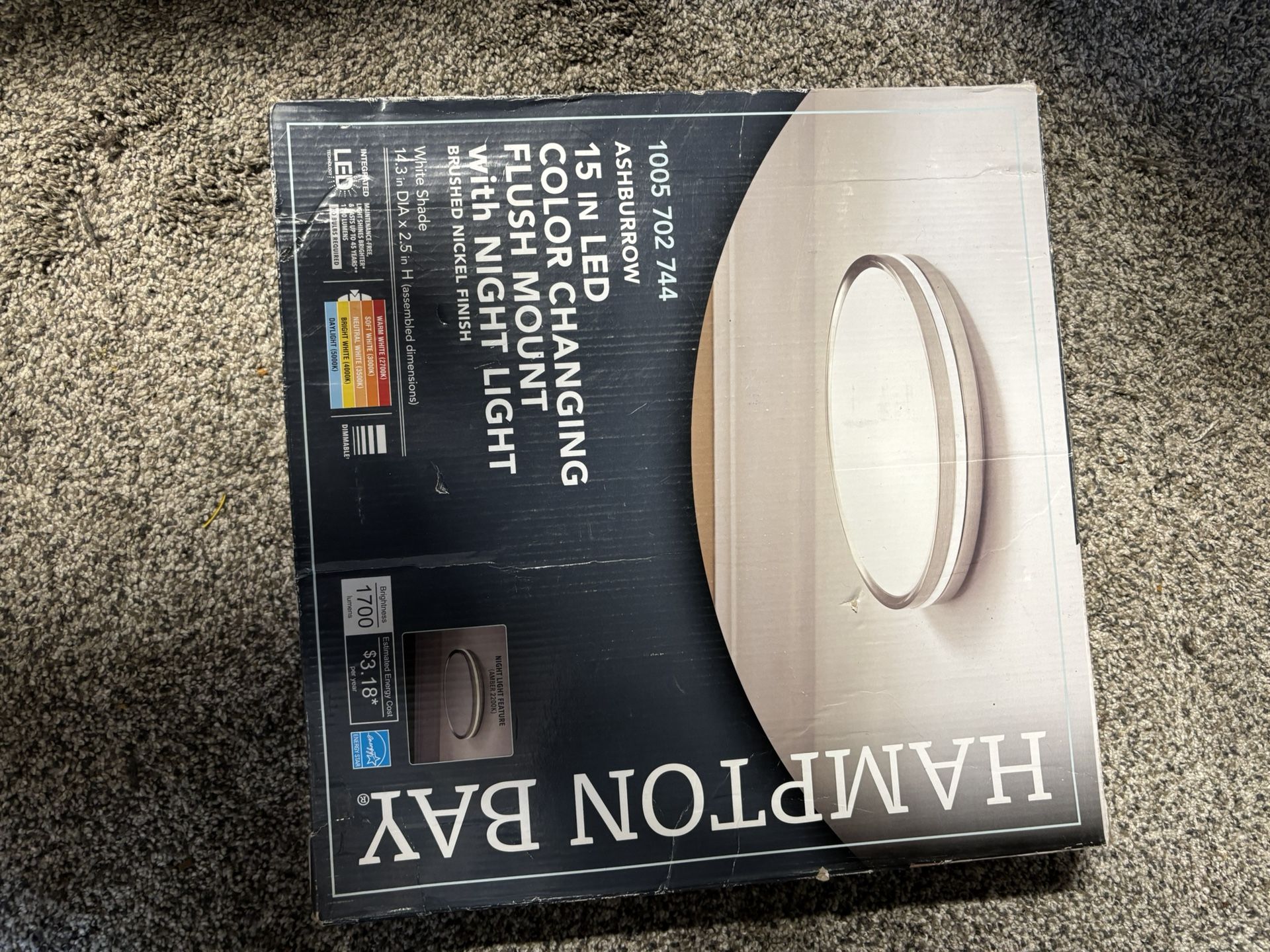 New - Hampton Bay Ashburrow 15 in. LED Color Changing Flush Mount with Night Light