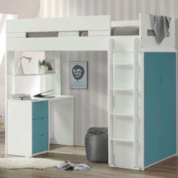 White/ Blue Twin Loft Bed w/ Desk & Wardrobe 