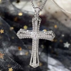 Elegant Paved 14K White Gold-Plated Cubic Zirconia Cross Necklace 