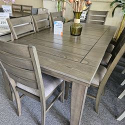 Brand New Gray Dining Table (78"×42"×30"H, 18" Leaf) + 8 Gray Linen Chairs