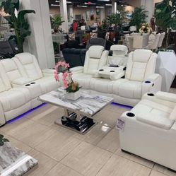 Party Time White LED Power Reclining Living Room Set with Adjustable Headrest (Sofa and Loveseat