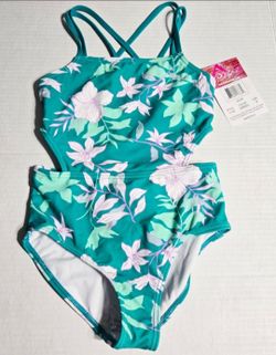 Kanu Surf Girls One Piece Swimsuit Size 8 Green Floral Cutout Crisscross Back