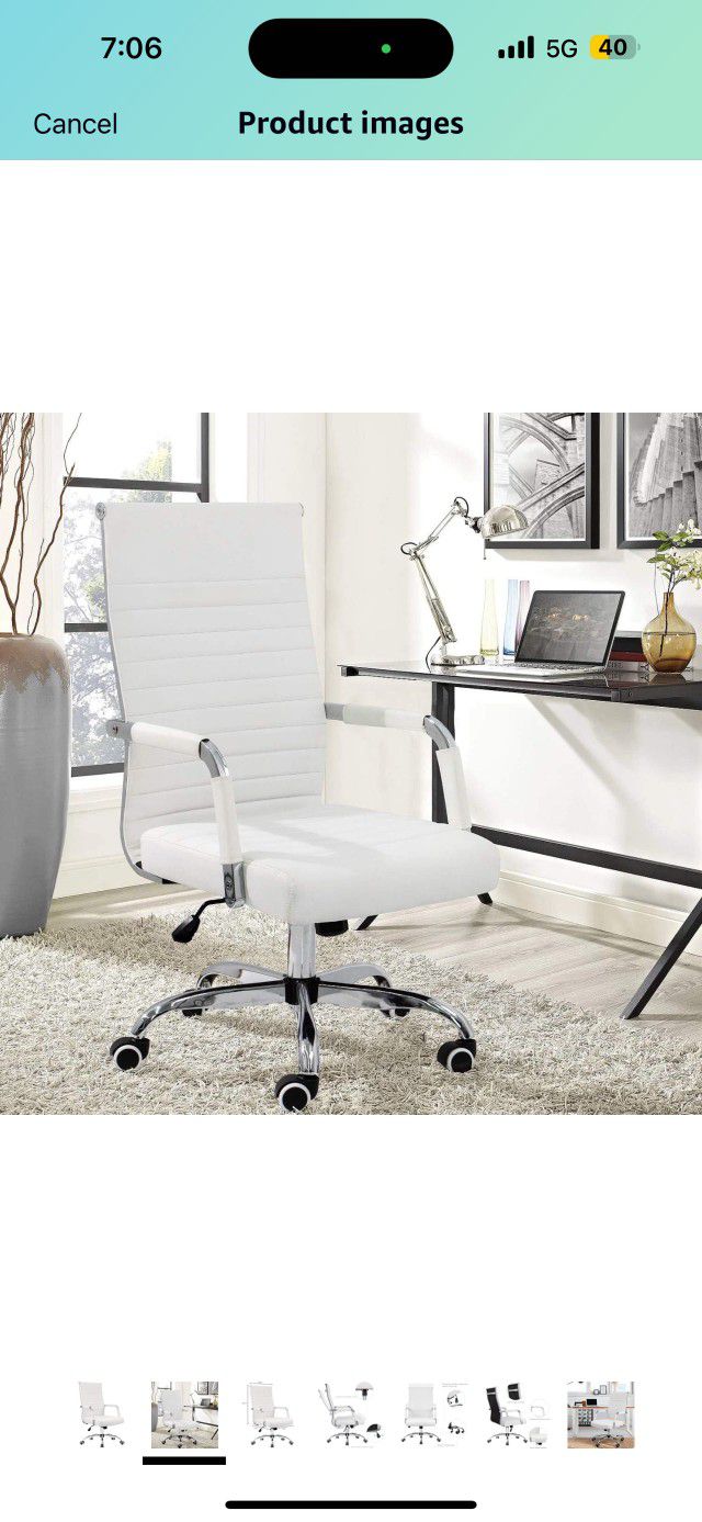 Ribbed Office Desk Mid Back Computer Chair Height Adjustable Conference Executive Task Swivel PU Leather (White)