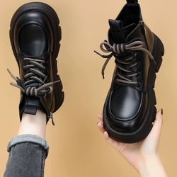 Women Soft Leather Double Lace Up Black Boots with Rubber Sole Size8