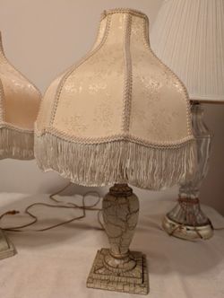 Vintage Shabby Chic Table Lamps Antique White Cream Scallop Fabric Dome Shade Fringe