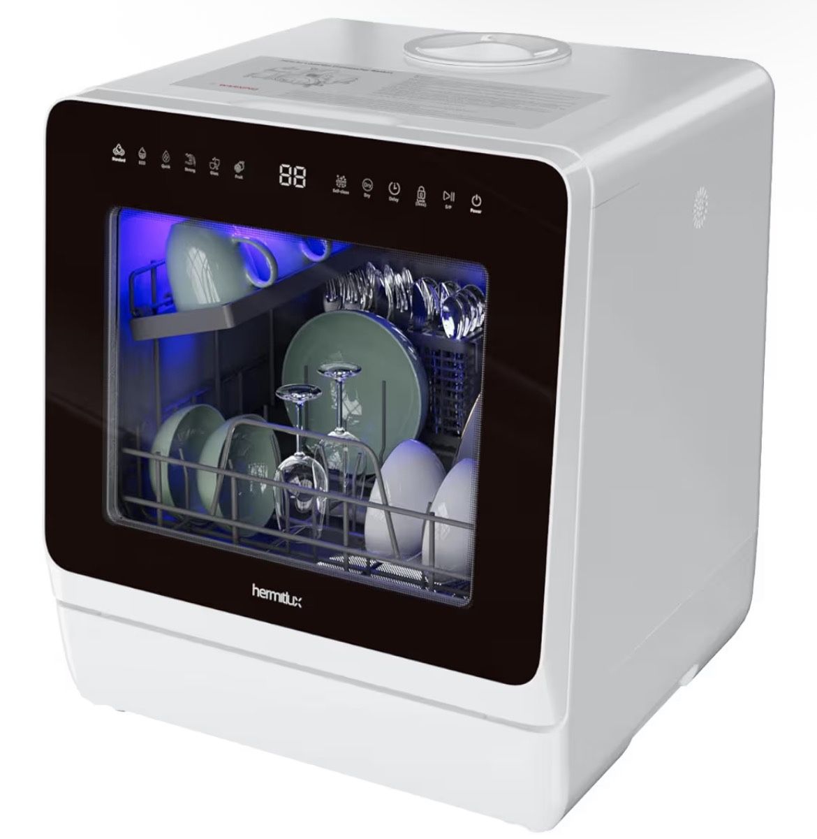 Hermitlux Countertop Dishwasher, 7 Washing Programs Portable Mini Dishwasher with 5-Liter Built-in Water Tank for Apartments & RVs, LED Light, Glass D