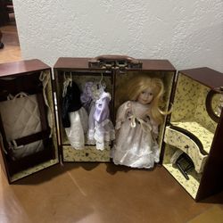 Doll and Accessories In Wooden Case