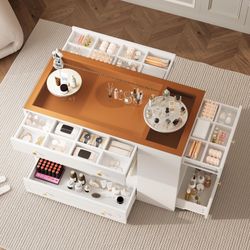 #75AB,6-Drawer Closet Island with Glass Display Top & Open Shelves, Jewelry Vanity Storage Organizer Center for Walk-in Wardrobe, White