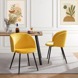 Set of 4 - Yellow Velvet Modern Dining Chairs w/ Black Metal Legs [NEW] **Assembly Req  <Retails for $400>   (CHAIRS ONLY / NO TABLE)