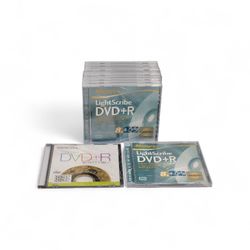 10 Pack + (2) Memorex LightScribe DVD+R 8x 4.7GB 120min Blank Discs/Jewel Cases Sealed New. Also included are (2) Single LightScribe discs with cases.
