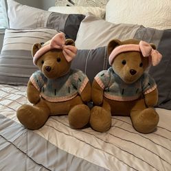Two Vintage 1993 Stuffins Teddy Bear with Flower Sweater Plush Stuffed Animals. 