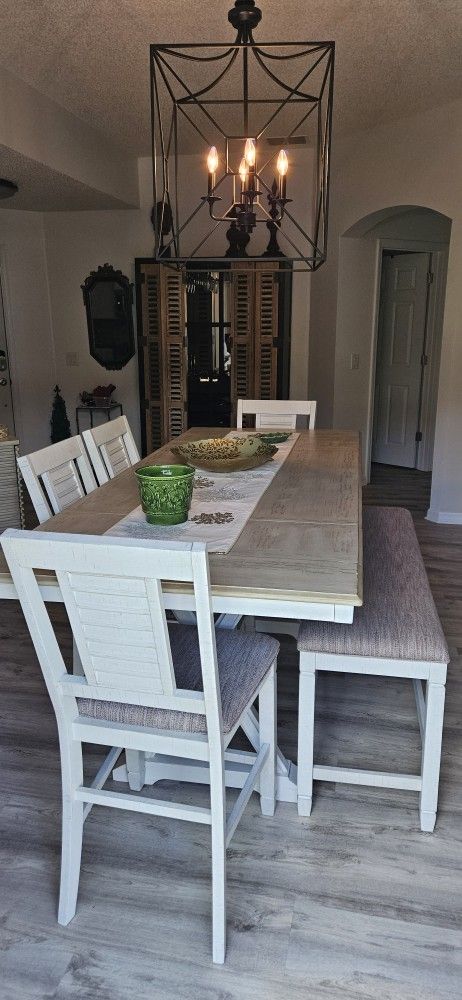 Counter Height Dining Table, Chairs & Bench