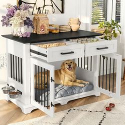 Large Dog Crate Furniture Indoor Wooden Kennel End Table with Storage Drawers