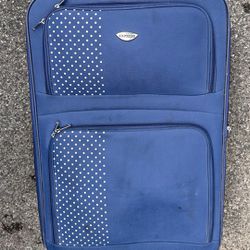 Preowned Express Blue Suitcase luggage carry on bag missing handle to roll