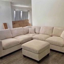 Beautiful! 4-pc Sectional Sofa With Ottoman  Ivory Corduroy  Brand New