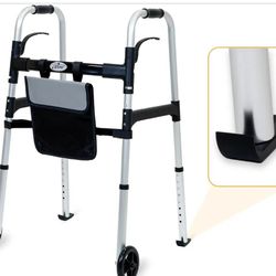 iLiving Easy Folding Rolling Walker with Shopping Bag Basket and Glide Skis - Upright Mobility Aid for Senior or Adults, Foldable and Adjustable Heigh