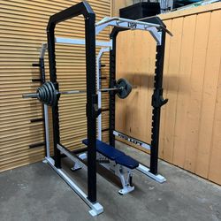 Power Lift Commercial Squat/ Power Rack With New 300LB Olympic Weight Set & Matching Power Lift Weight Bench- Nautilus, Hammer Strength, Cybex, Precor