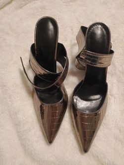 Metallic Croc-Embossed Pointed-Toe Mule Heels
