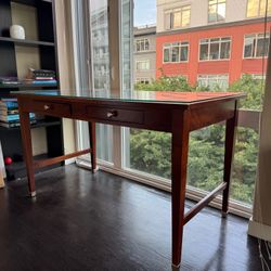 Mid-Century Modern Wood Writing Desk with Glass Top