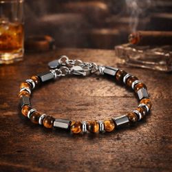 Men Stainless Steel Tiger Eye Beaded Bracelet Geometric French Retro Style