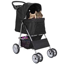  Black 4 Wheel Pet Stroller for Cat, Dog and More, Foldable Carrier Strolling Cart, 