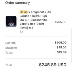 Union x Fragment x Air Jordan 1 Retro High OG SP 8.5