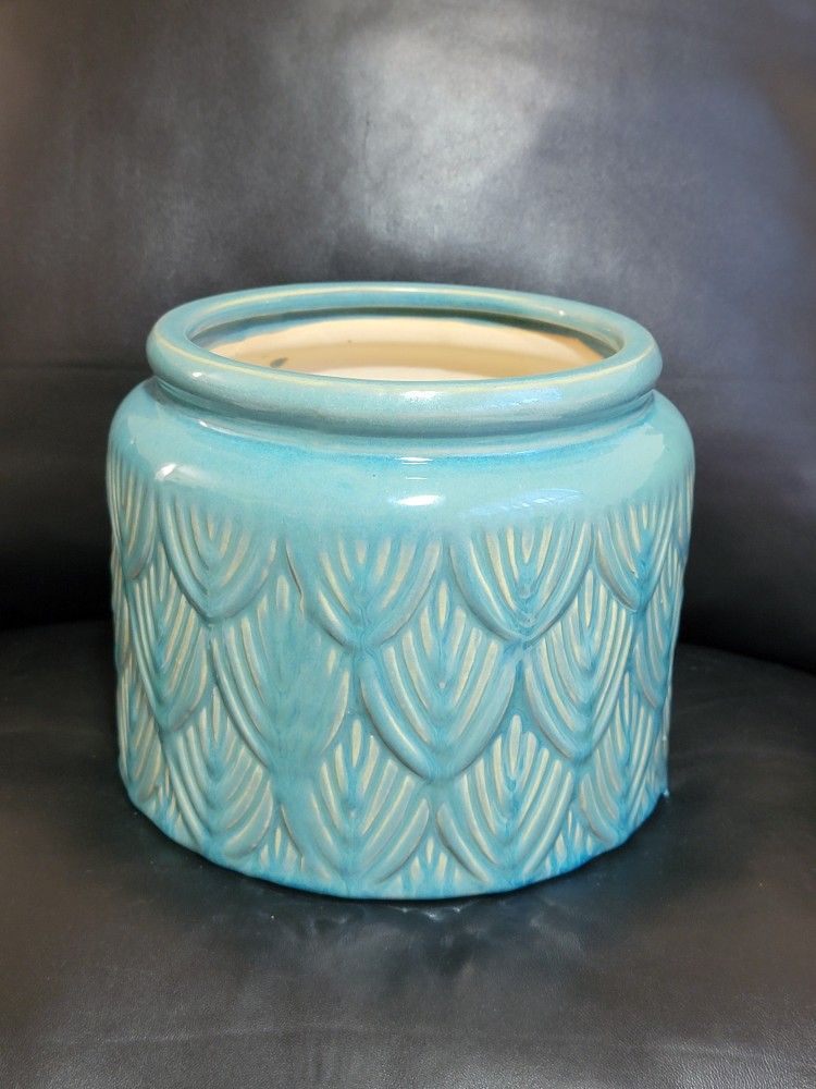 Hand Painted Teal Pot Ceramic Planter Embossed Scalloped Design Home Decor 6"