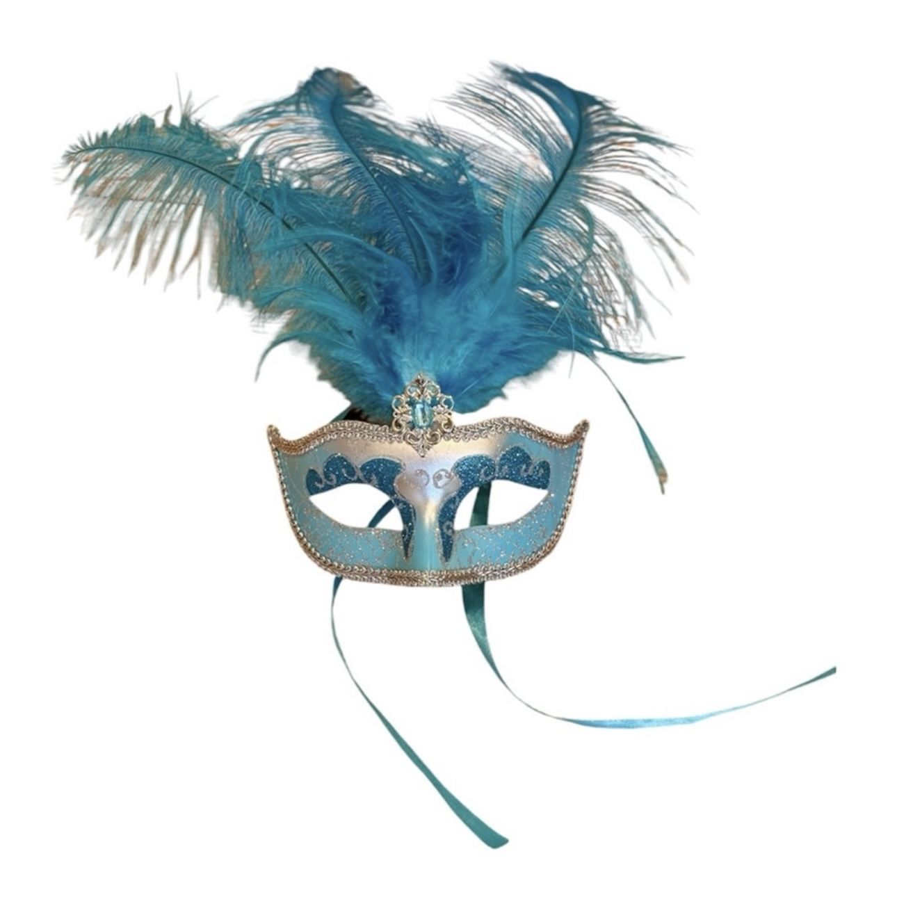Mardi Gras Mask Masquerade Blue Large Feather Peacock