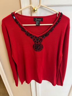 Jenny Red Knit Sweater with Black Beaded Neckline