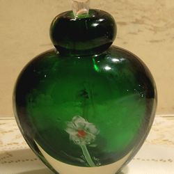 Vintage Emerald Green Cased Glass Hand Blown Perfume Bottle With Dabber