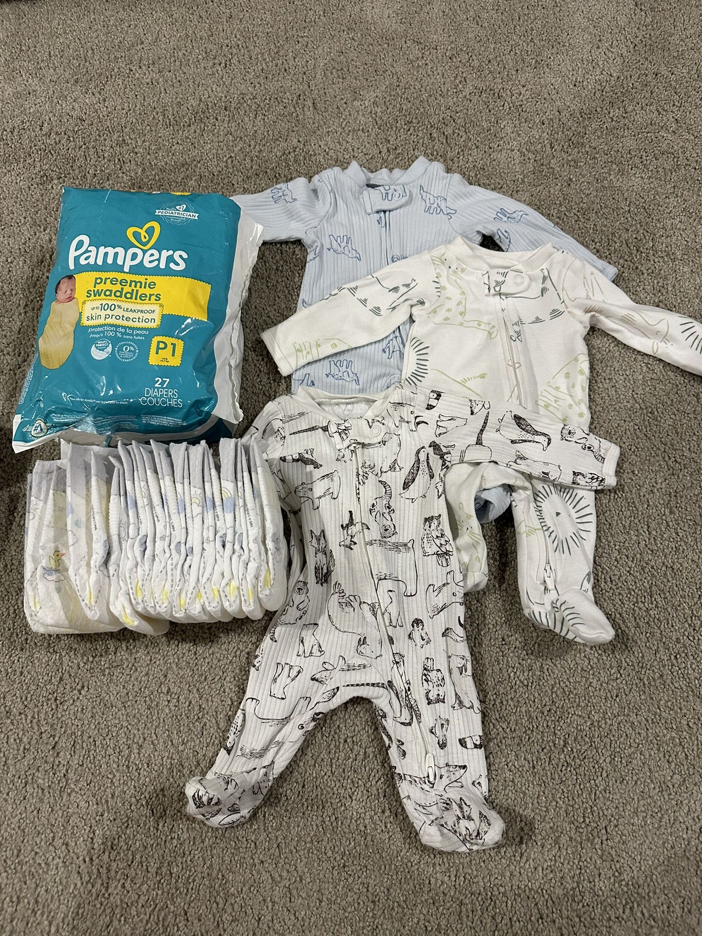 Pampers Preemie Diapers & 3 Zip-up Onesies