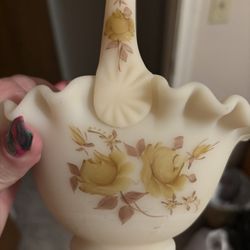Vintage Fenton Hand Painted Ruffled Custard Glass Basket