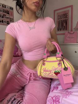 Juicy Couture Retro Strawberry yellow iris Satchel Bag Coin Purse Terry bowler