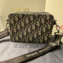 Dior Pouch with Shoulder Strap Oblique Jacquard Beige/Black in